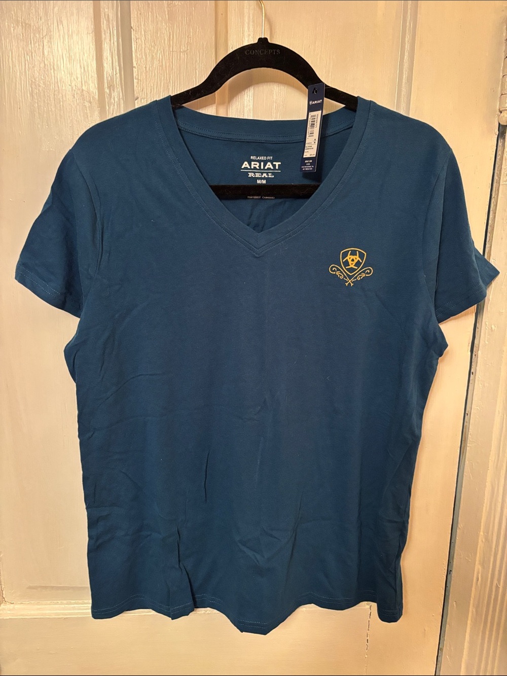 Ariat Women’s Deep Teal V-Neck Short Sleeve Tee with Embroidered Crest